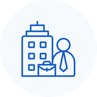 Icon of businessperson with office building.