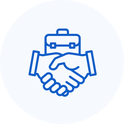 Handshake with a briefcase icon.