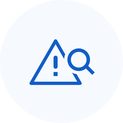 Exclamation mark with magnifying glass icon.