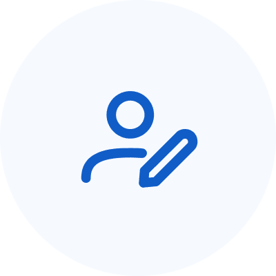 Person icon with pencil on white background.