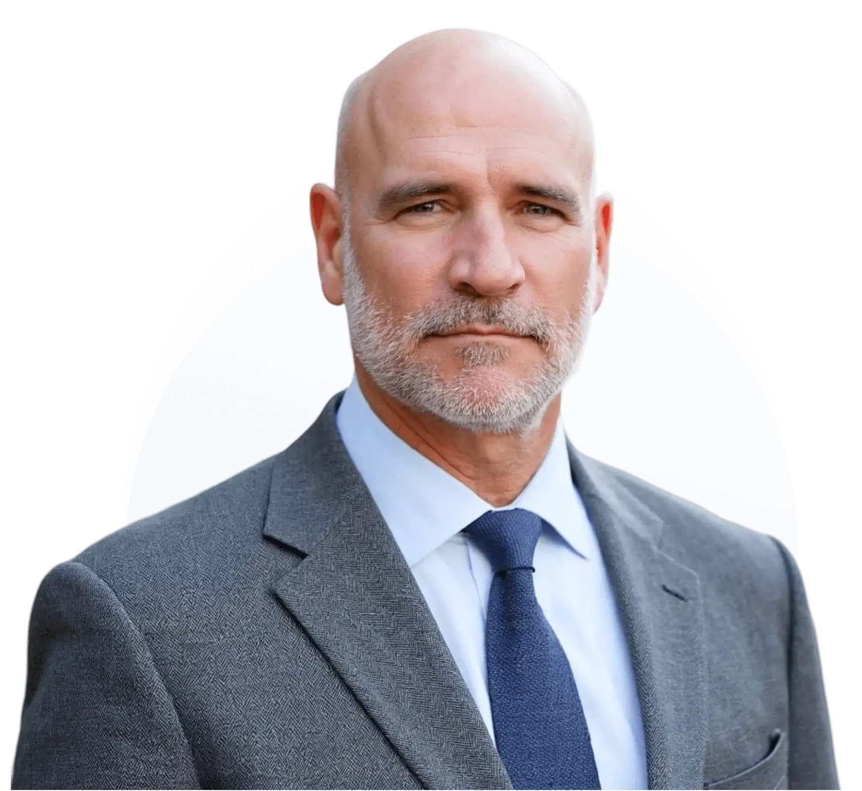 Bald man in gray suit and tie.